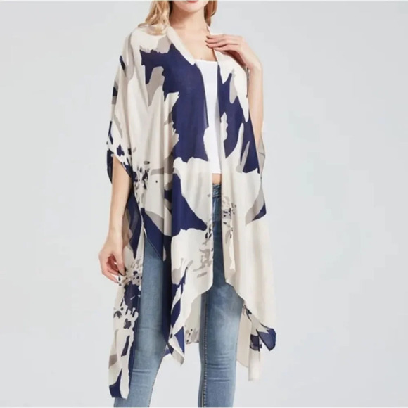 Women's White Navy Blue Casual Print Short Sleeve swim Cardigan kaftan c… - Picture 1 of 4
